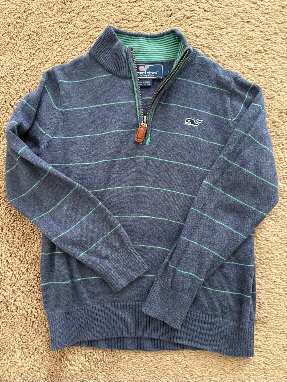 Vineyard Vines Boy’s Navy Zip Mock-Neck Sweater with Green Stripes